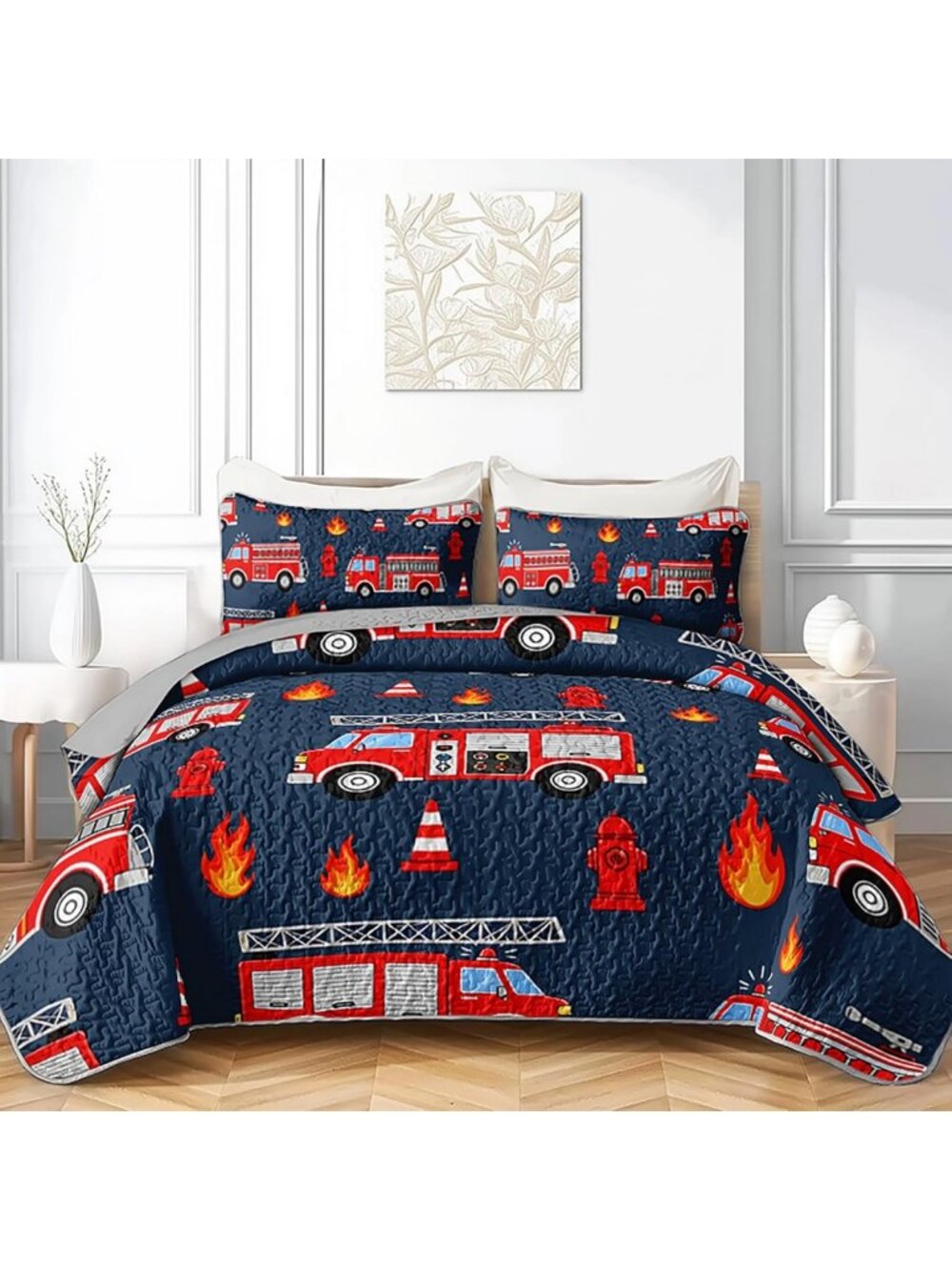 Fire Truck Quilt Set Full/Queen - Cozy Bedspread Coverlet for Kids' Room Decor